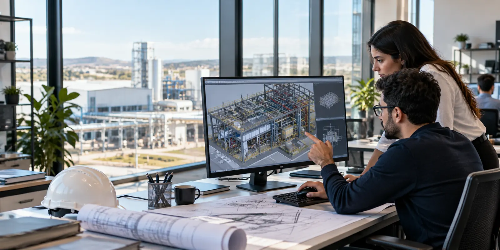 Engineers reviewing a BIM model of an industrial facility