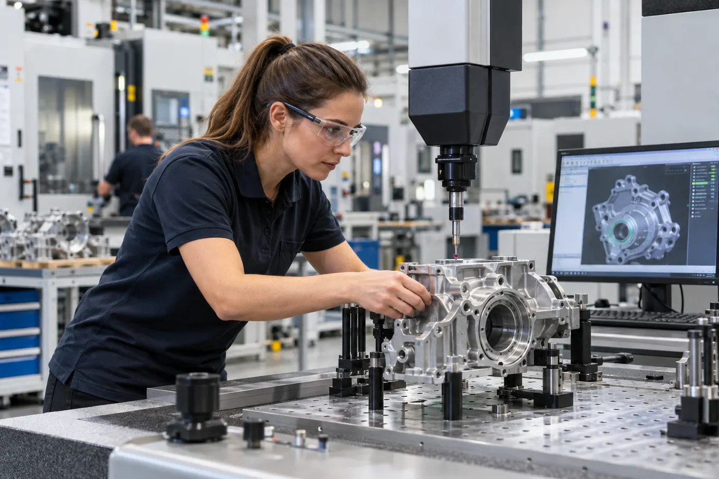 Quality engineer inspecting a precision mechanical component using metrology equipment
